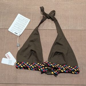Eres Green Pompero Mamb Brown Halter Bikini Top with Multicolor Trim Size 12